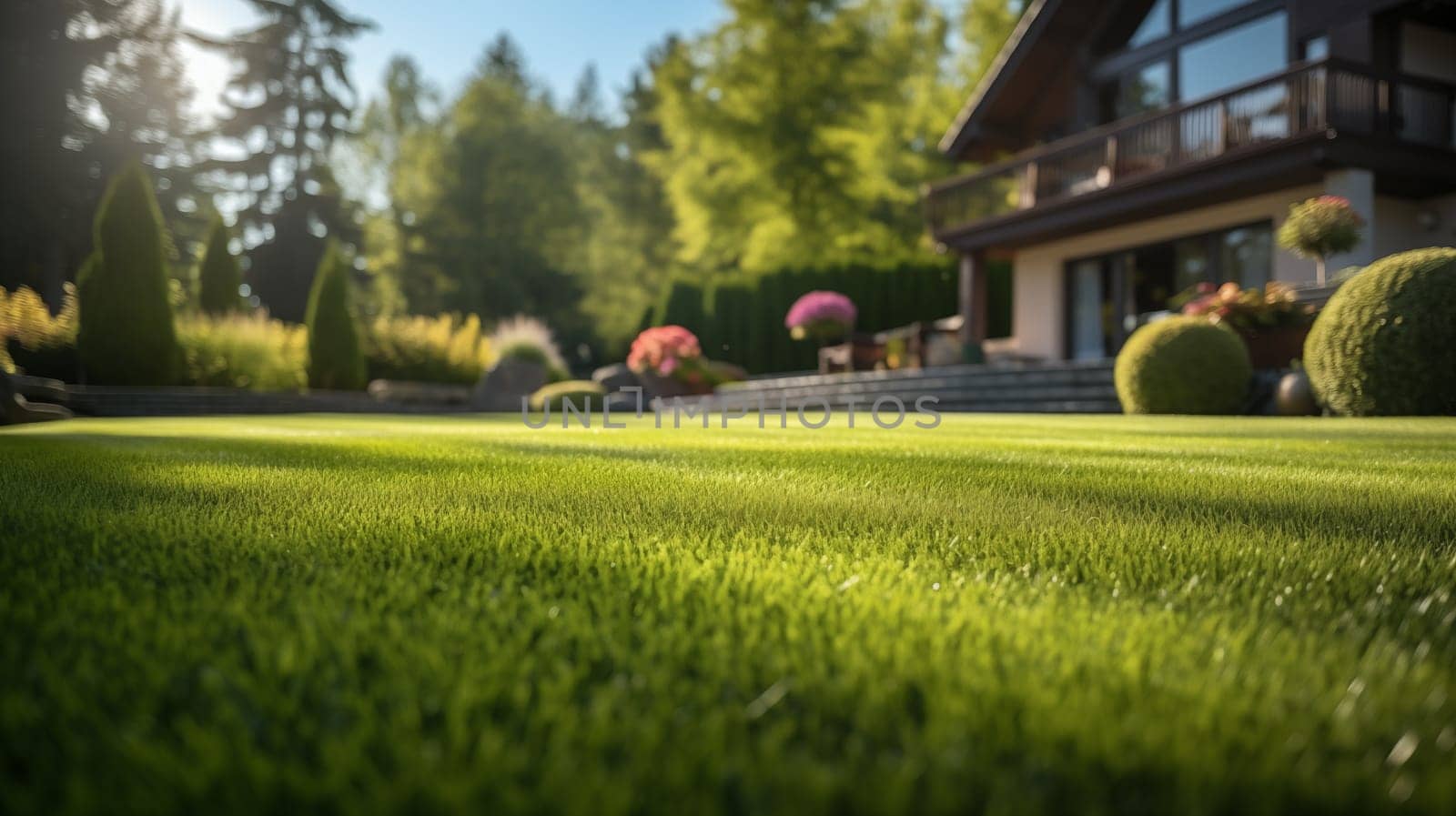 The last rays of sunlight cast a warm glow on a perfectly manicured lawn leading up to a luxurious house with decorative topiary and flowering plants.