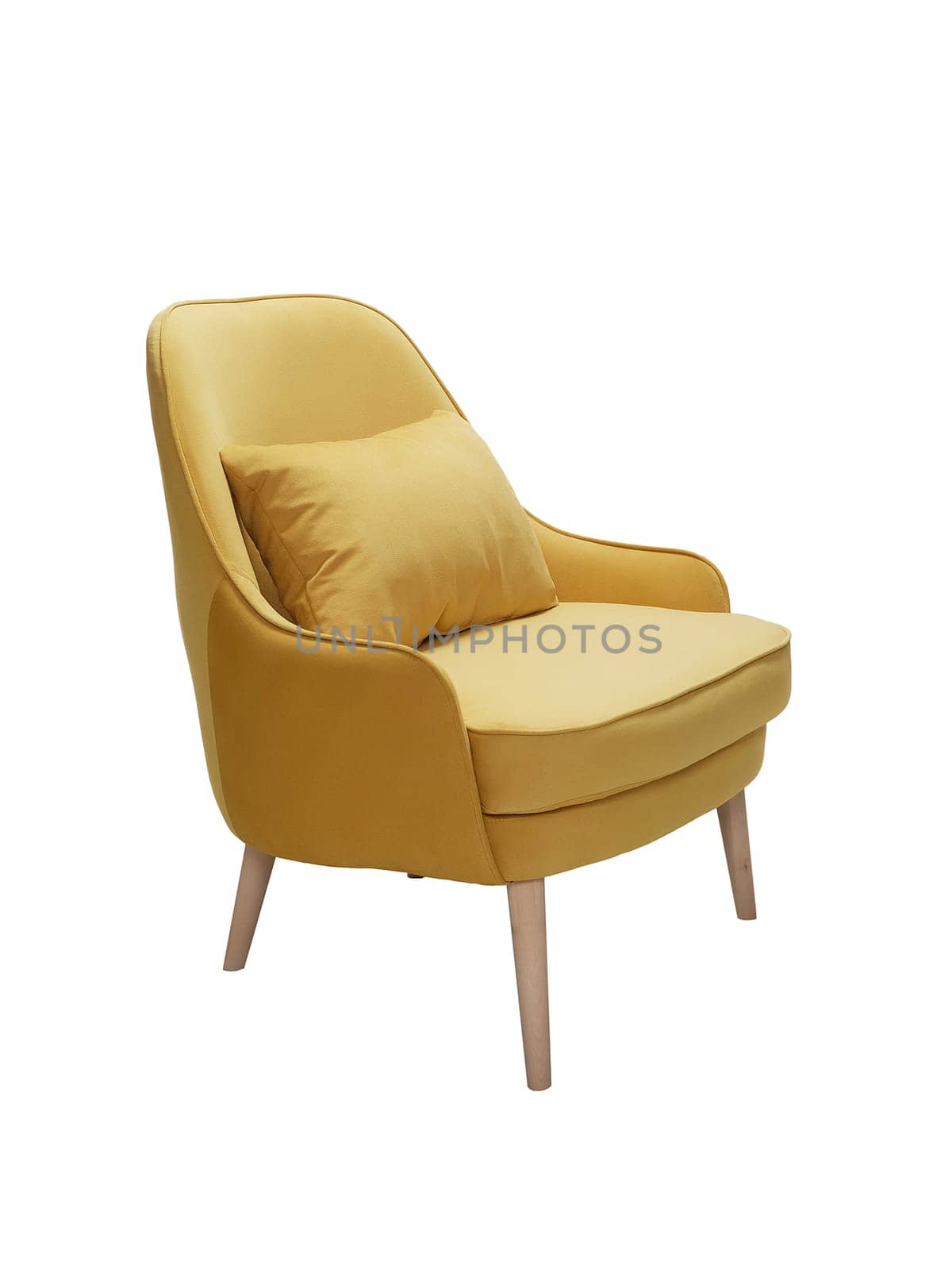 modern yellow fabric armchair with wooden legs isolated on white background, side view by artemzatsepilin
