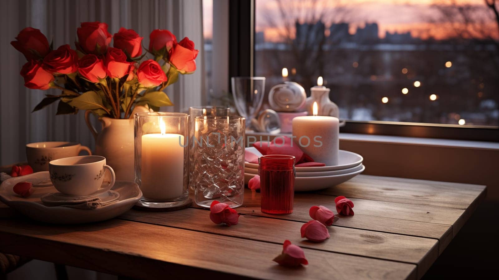 dinner table with lit candles, red roses, and elegant tableware against a dusky sky by Zakharova