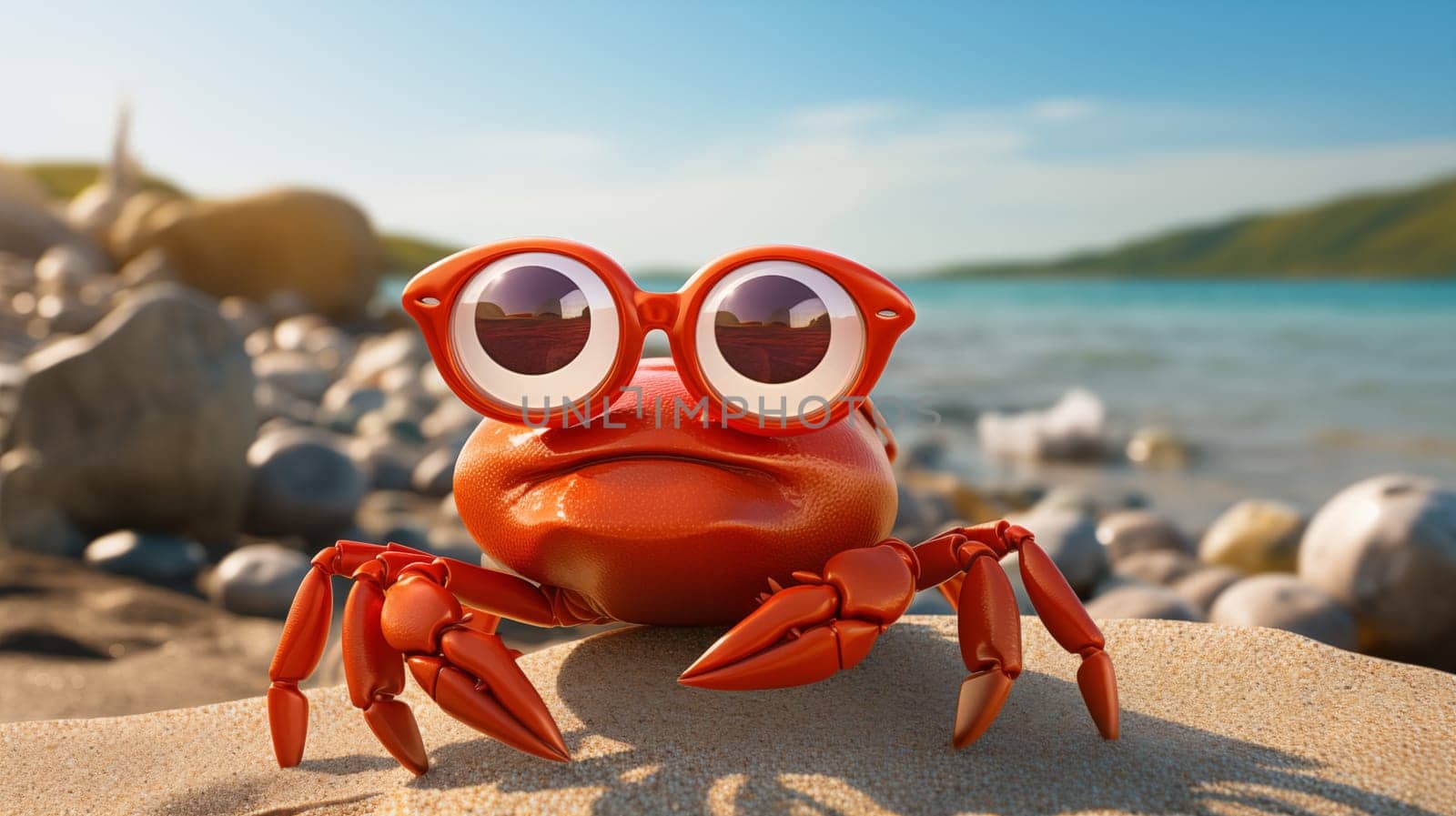 A charming crab with oversized sunglasses, enjoying the sandy shore by Zakharova