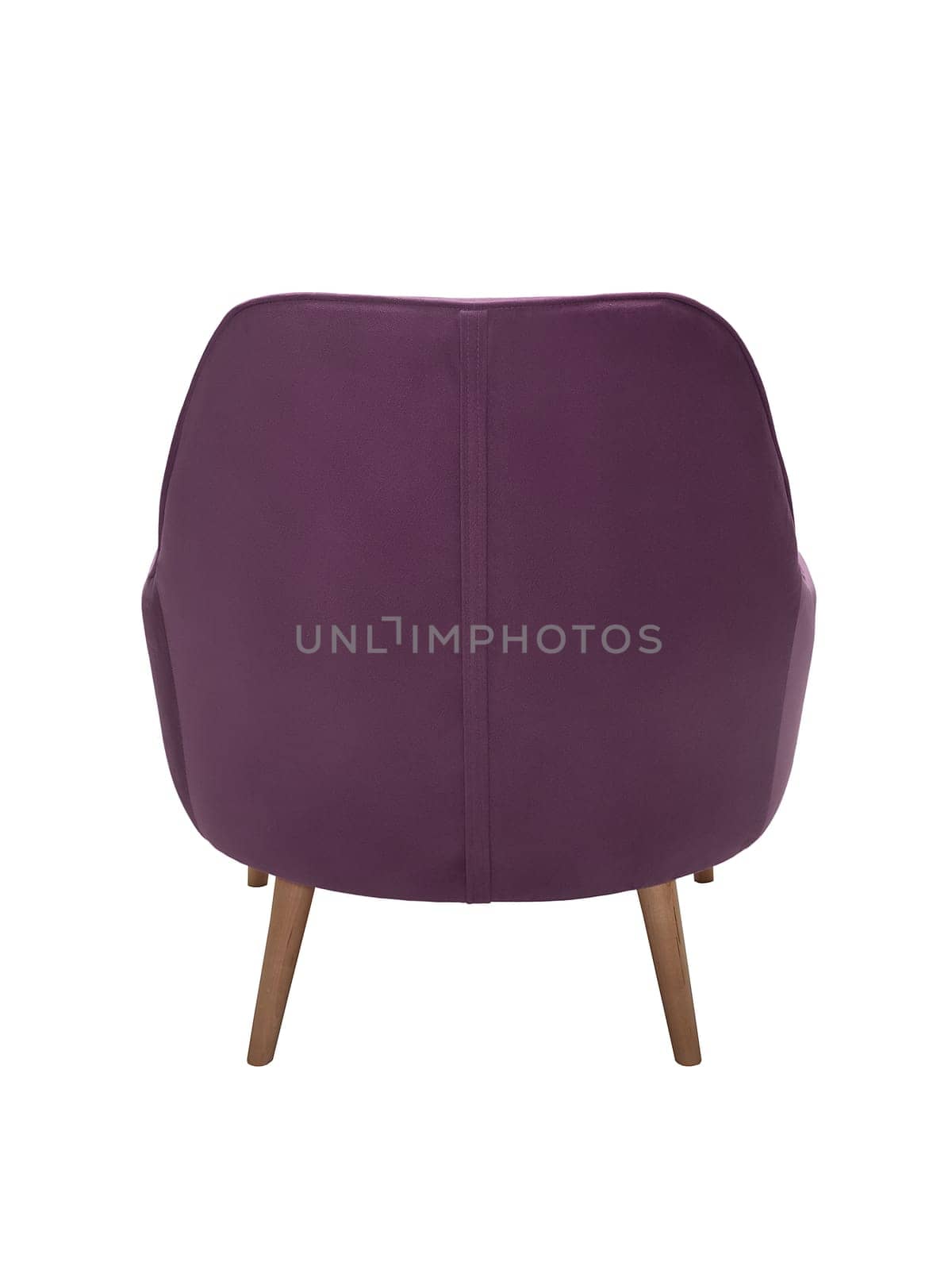 modern purple fabric armchair with wooden legs isolated on white background, back view