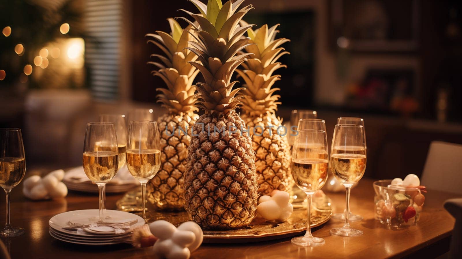 Beautiful golden pineapples, standing on the table, next to glasses of champagne, warm evening light.