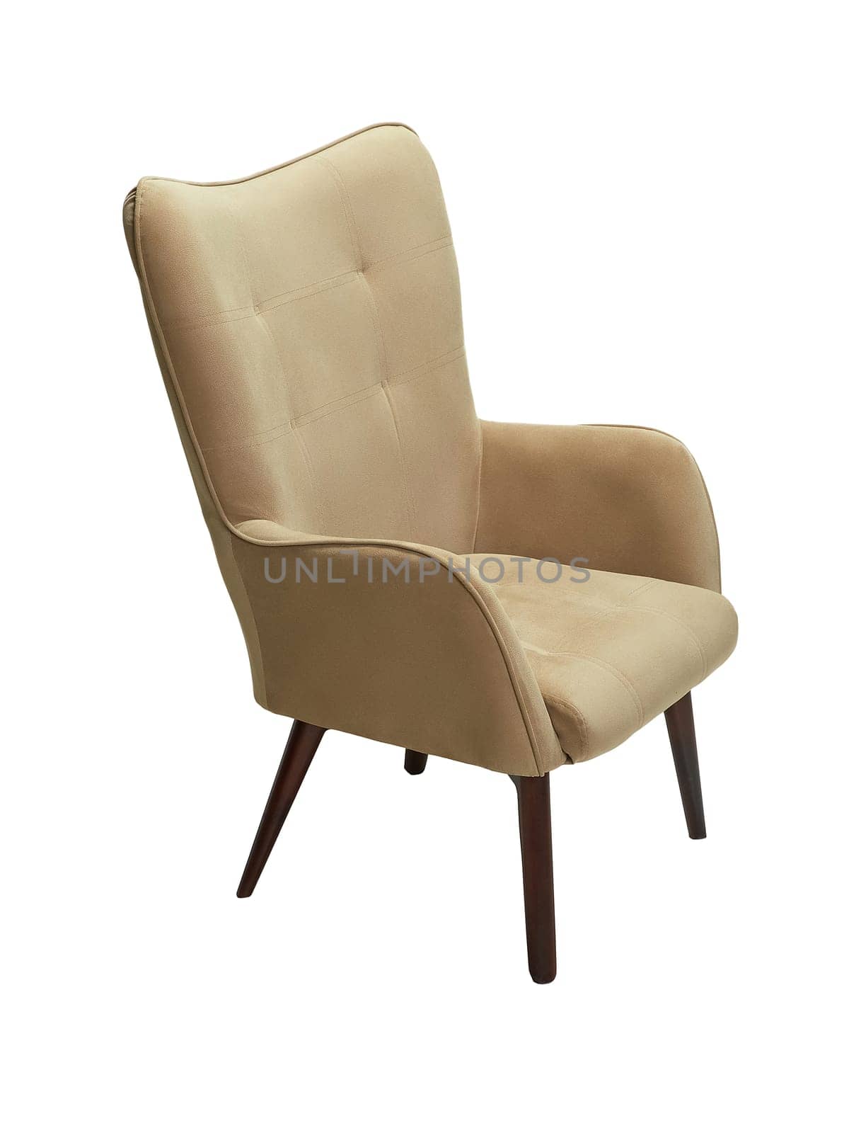 modern beige fabric armchair with wooden legs isolated on white background, side view by artemzatsepilin