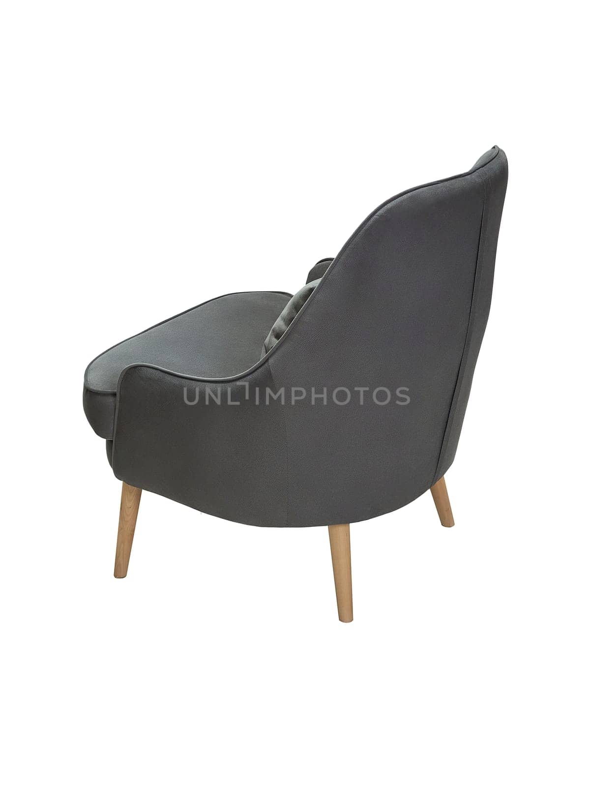 modern gray fabric armchair with wooden legs isolated on white background, back view by artemzatsepilin