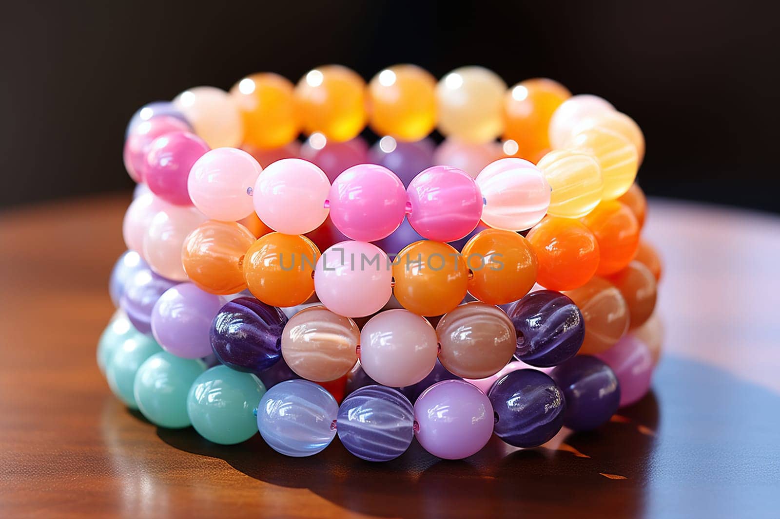 Stack of bracelets made of beads on a wooden table.