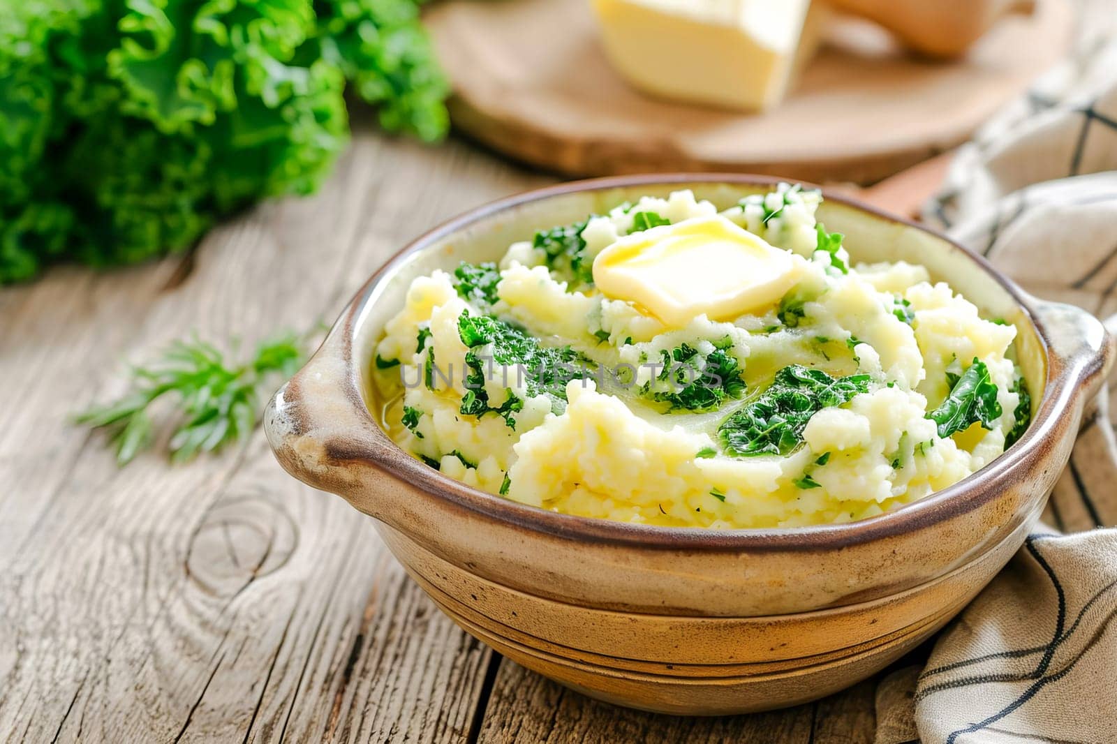 Traditional Irish mashed potatoes colcannon with cabbage and butter in a ceramic bowl on the table.