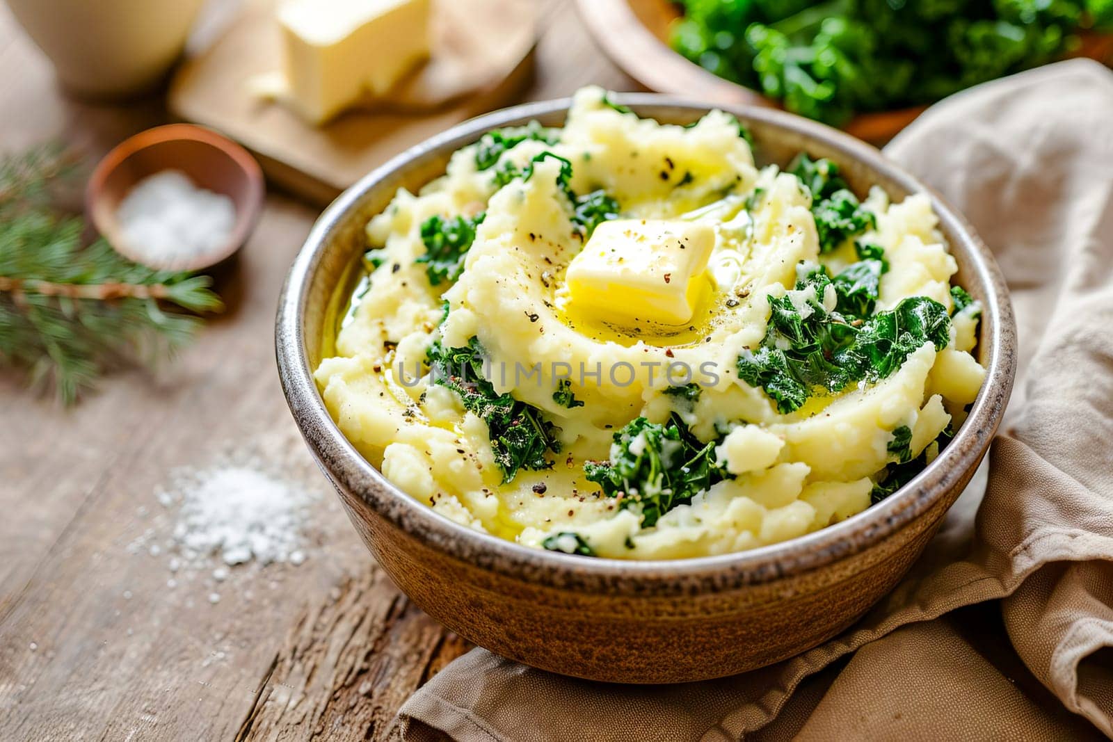 Traditional Irish mashed potatoes colcannon with cabbage and butter in a ceramic bowl on the table.
