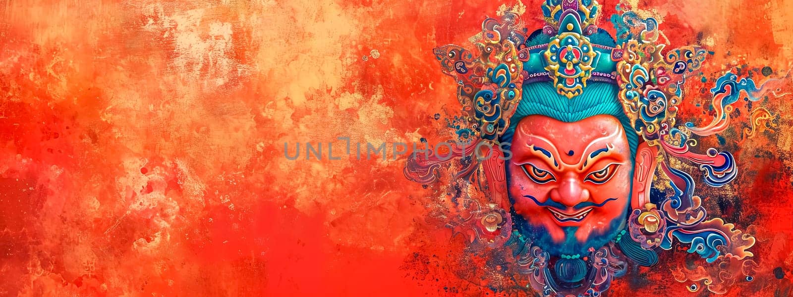 Tibetan mask depicted in vibrant colors, set against a fiery red and orange textured background. The mask is ornate with intricate patterns and details, symbolizing traditional cultural heritage