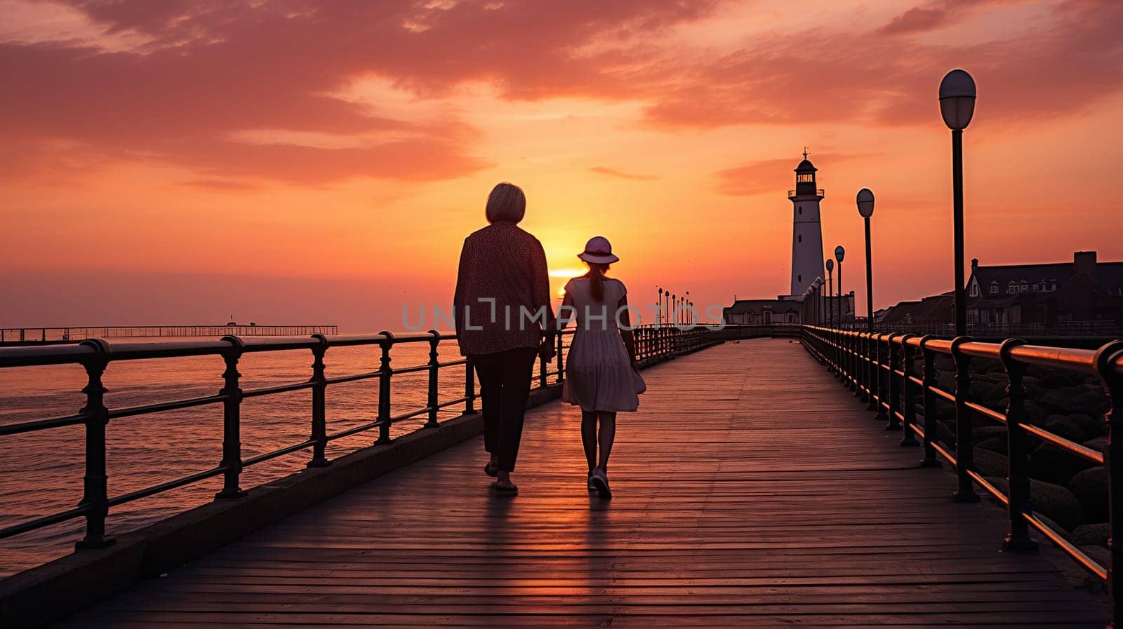 Silhouettes of mother and daughter on the pier at sunset. Generated by artificial intelligence by Vovmar