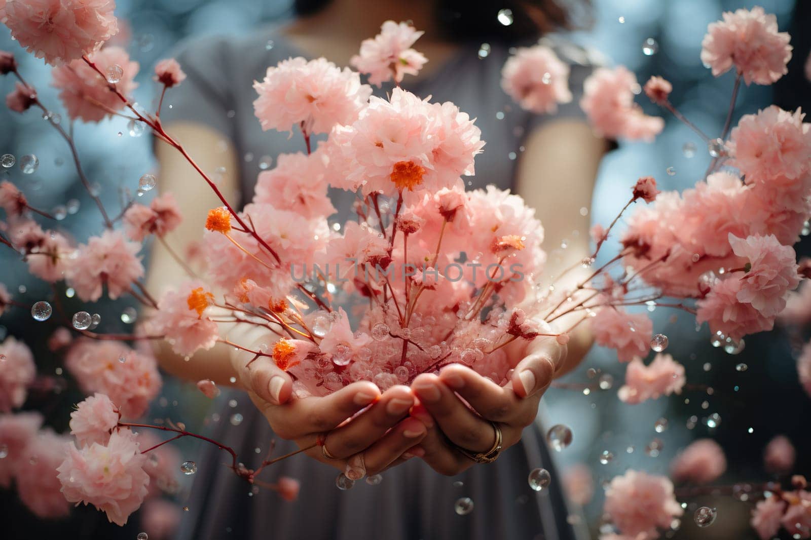 Women's hands with flowers in her hands in a field.