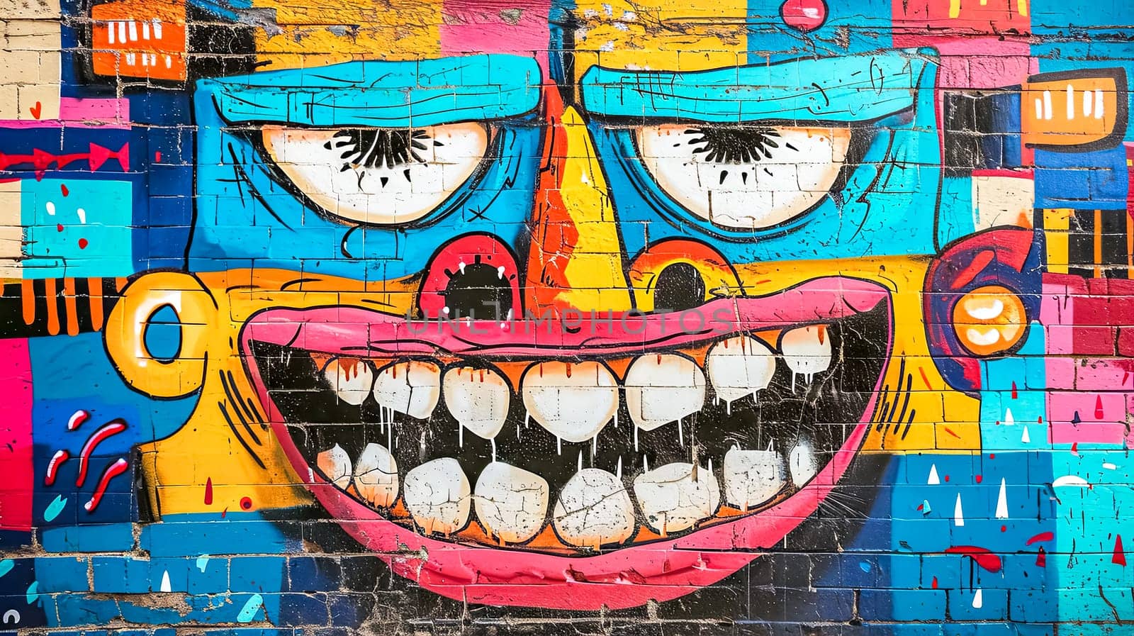 Vibrant graffiti of a whimsical face on an urban brick wall by Edophoto