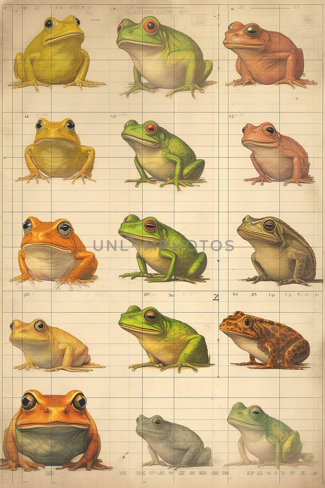 Collection of illustrated frogs with various poses and colors.