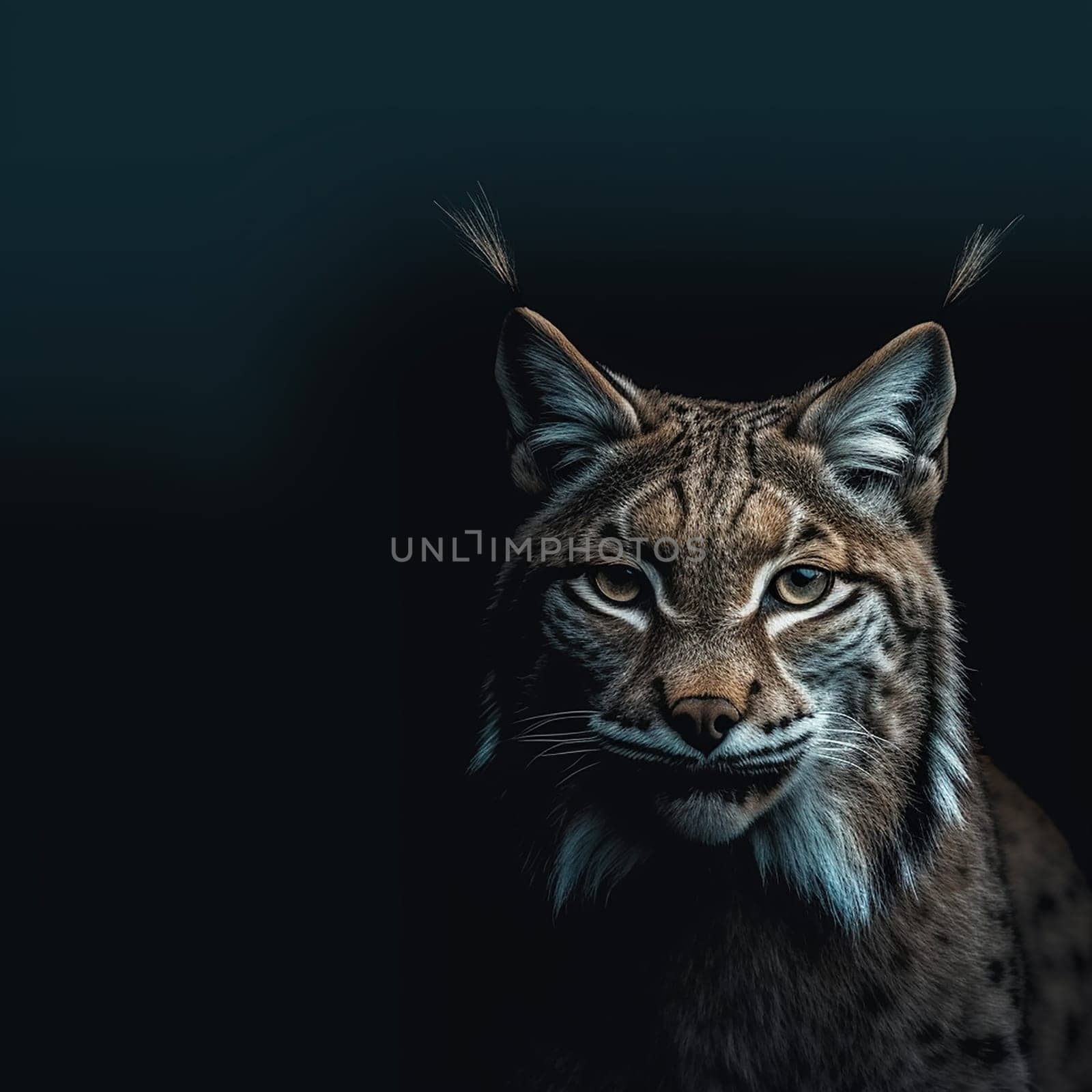 Stunning portrait of a lynx with intense gaze against dark background.