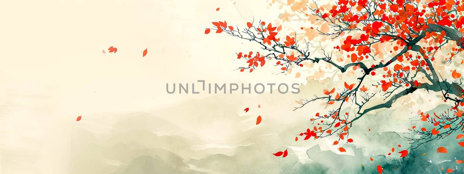 serene East Asian-inspired painting, capturing the essence of a tranquil autumn scene, banner with copy space
