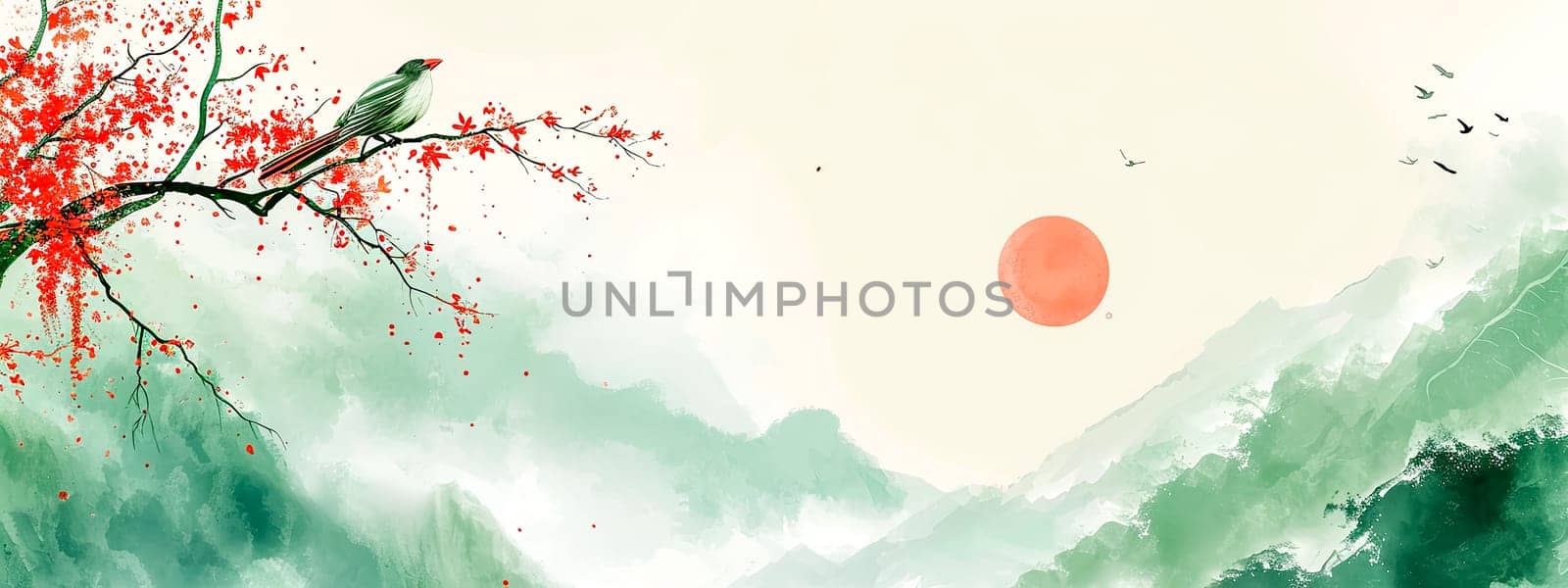 Serene Japanese landscape with red-leaved tree and perched bird. banner by Edophoto