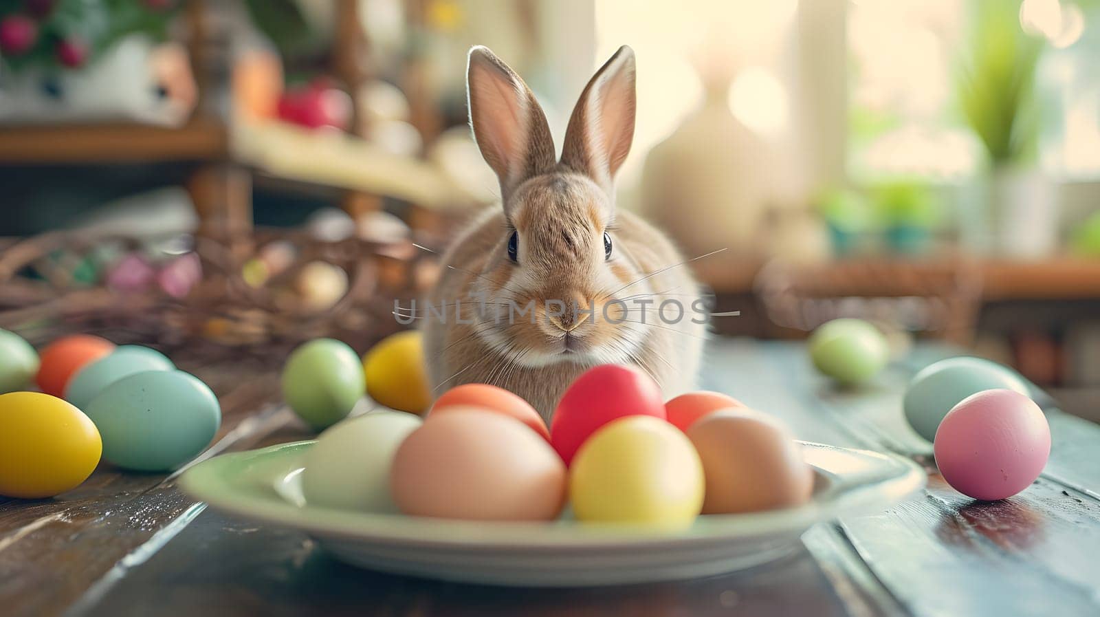 easter rabbit on the table among painted eggs, generative ai by Chechotkin