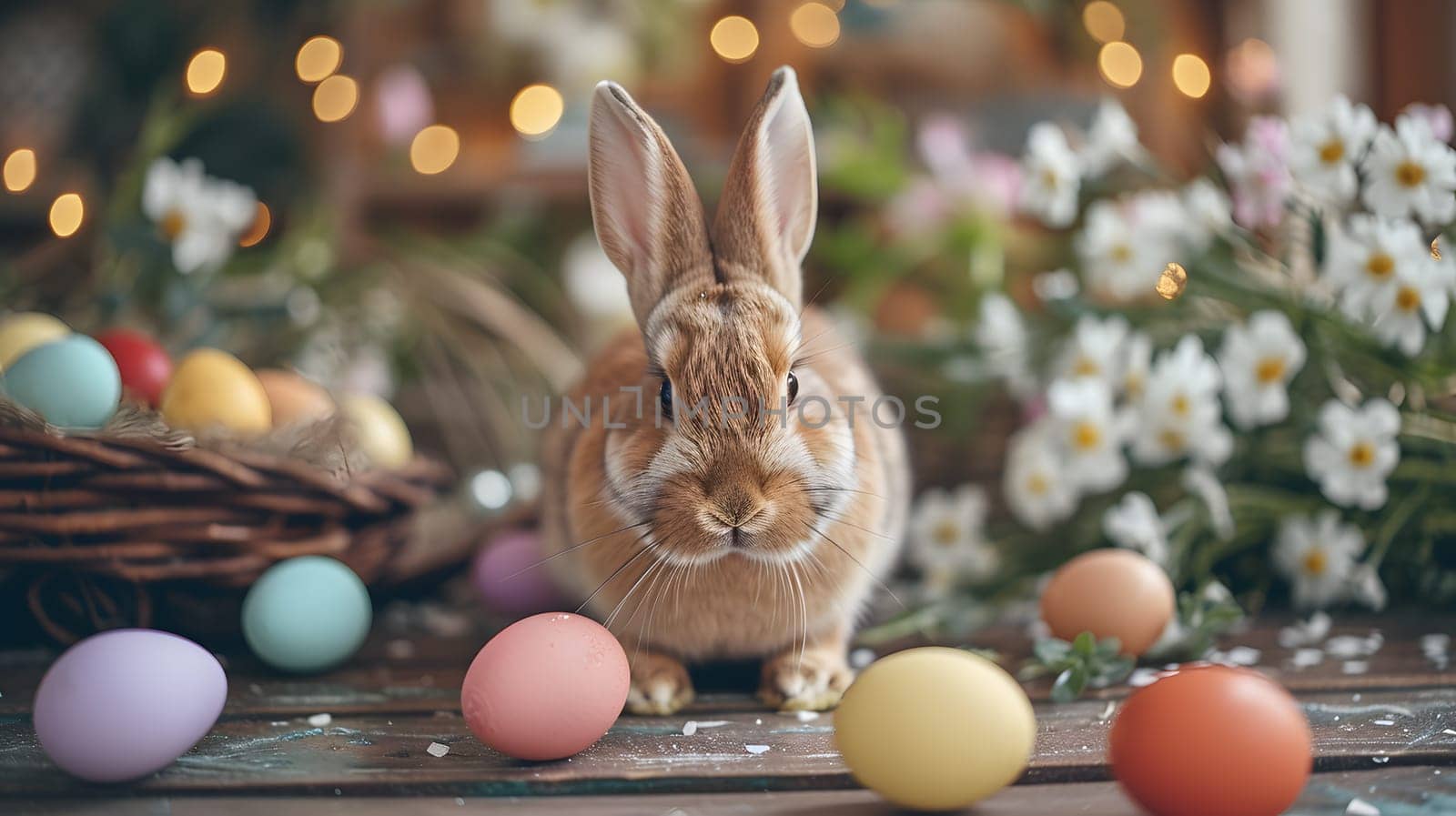 easter rabbit on the table among painted eggs, generative ai. High quality photo