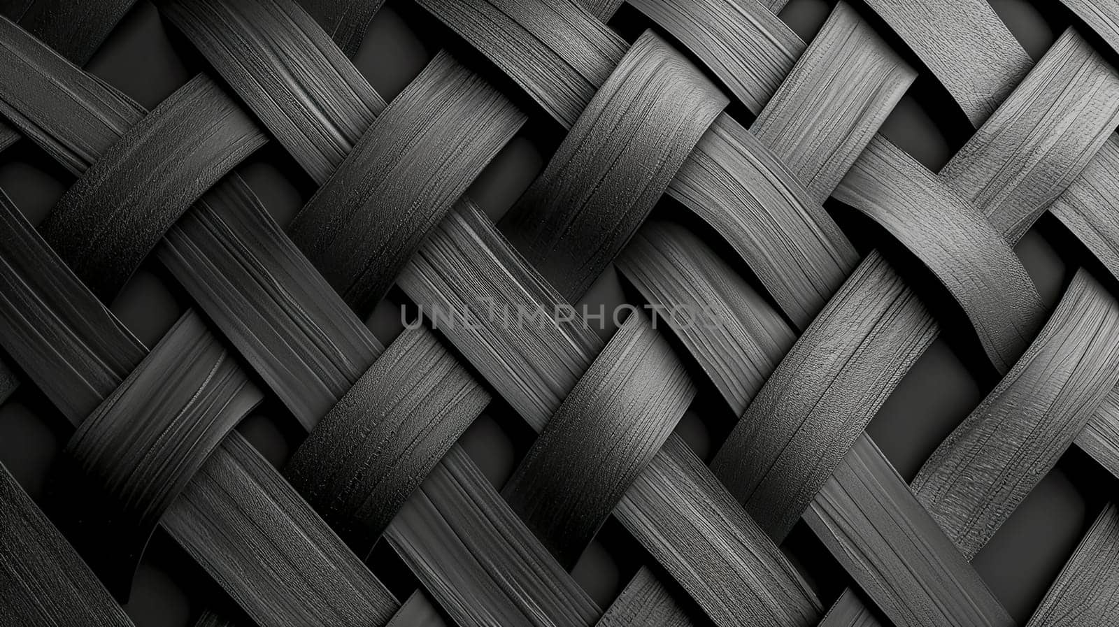 textured pattern created by interwoven black strands with a matte finish. The intricate crosshatch design forms a mesmerizing, basket-weave effect, with each strand showcasing detailed grainy textures