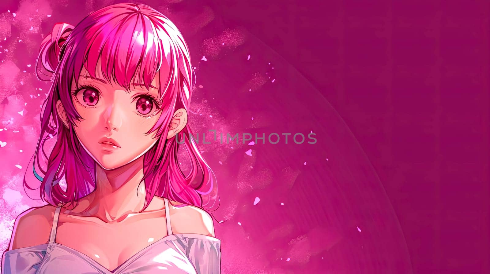 female character in a style reminiscent of Japanese anime. She has striking pink hair with a subtle ombre effect, transitioning from a deeper purple at the roots to a lighter pink at the tips