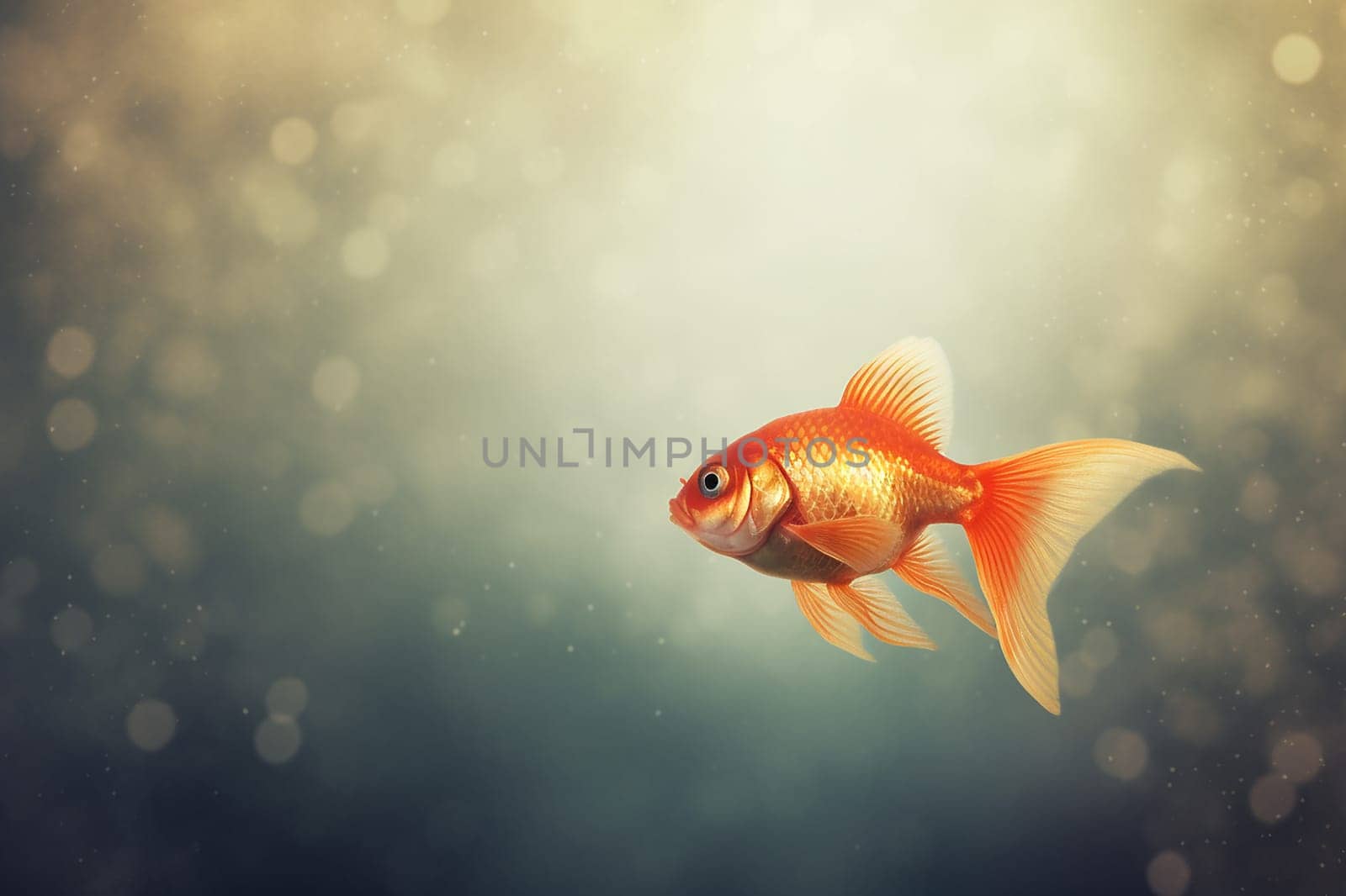 A single goldfish swimming gracefully, surrounded by a bokeh of light.