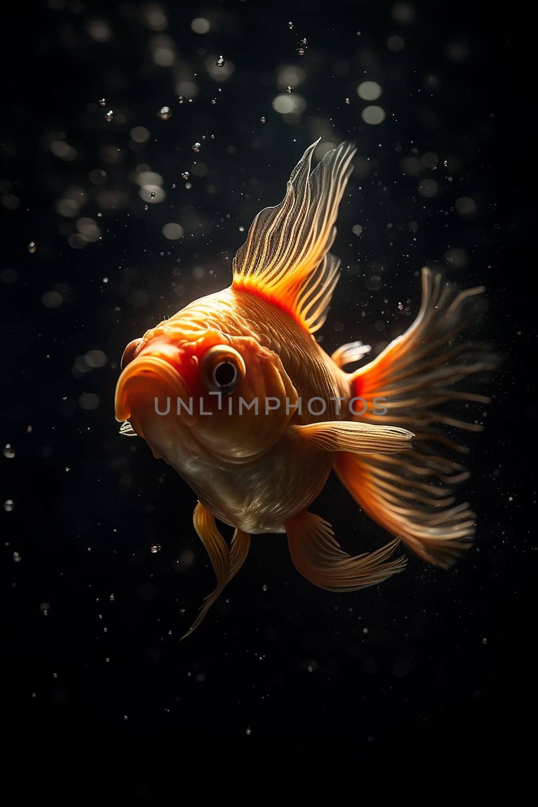 Goldfish swimming gracefully, illuminated with light against a dark backdrop