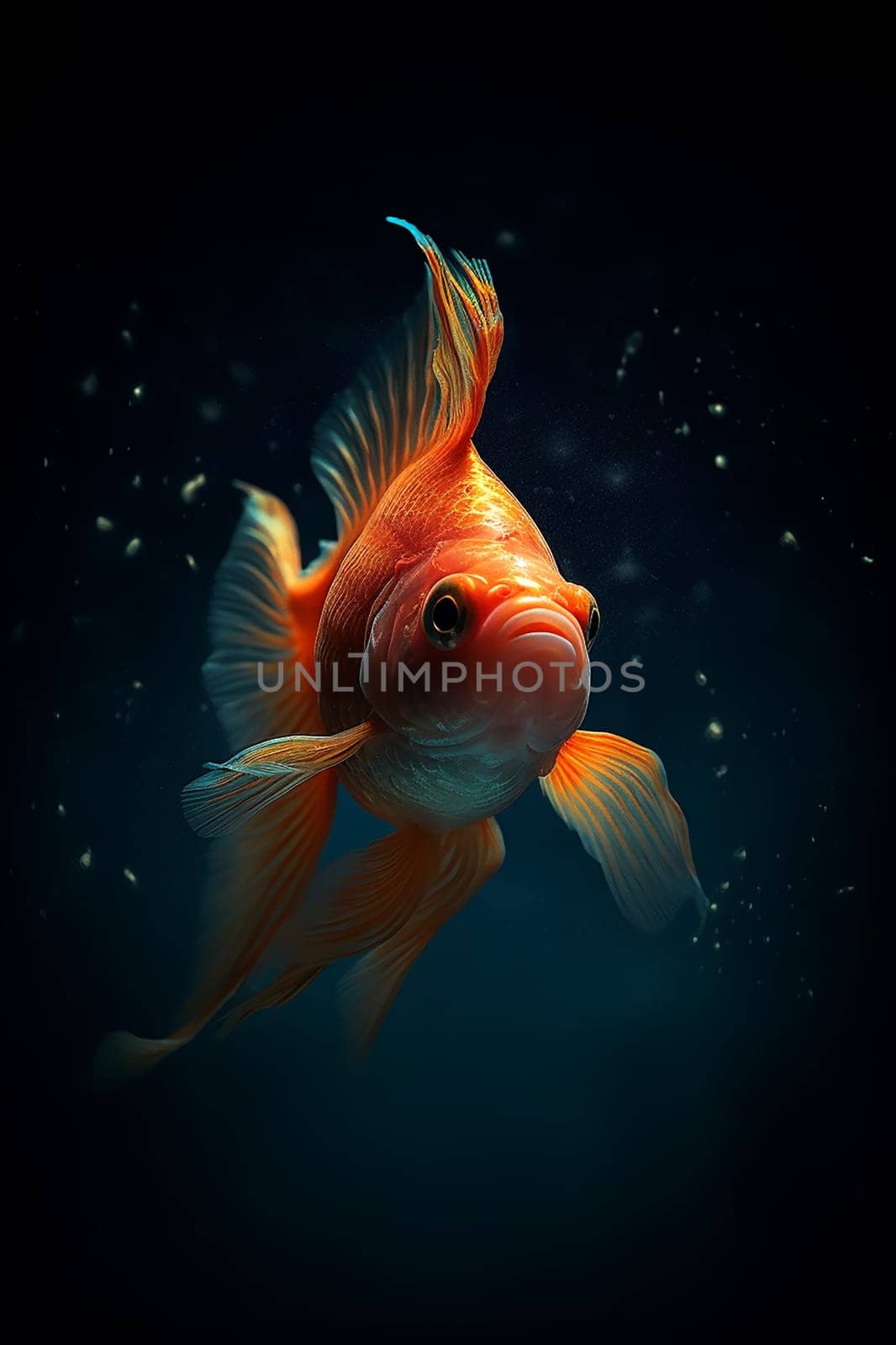 An enchanting goldfish glides elegantly in a dark underwater setting, embodying grace and freedom. by Hype2art