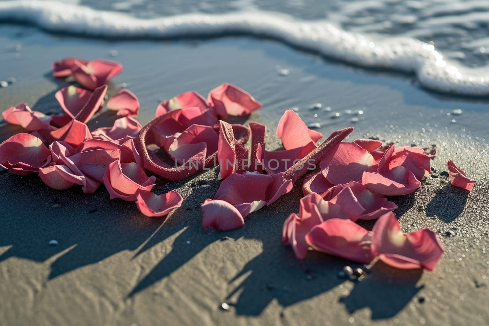 romantic beach of love rose petals on the coastline wide view pragma