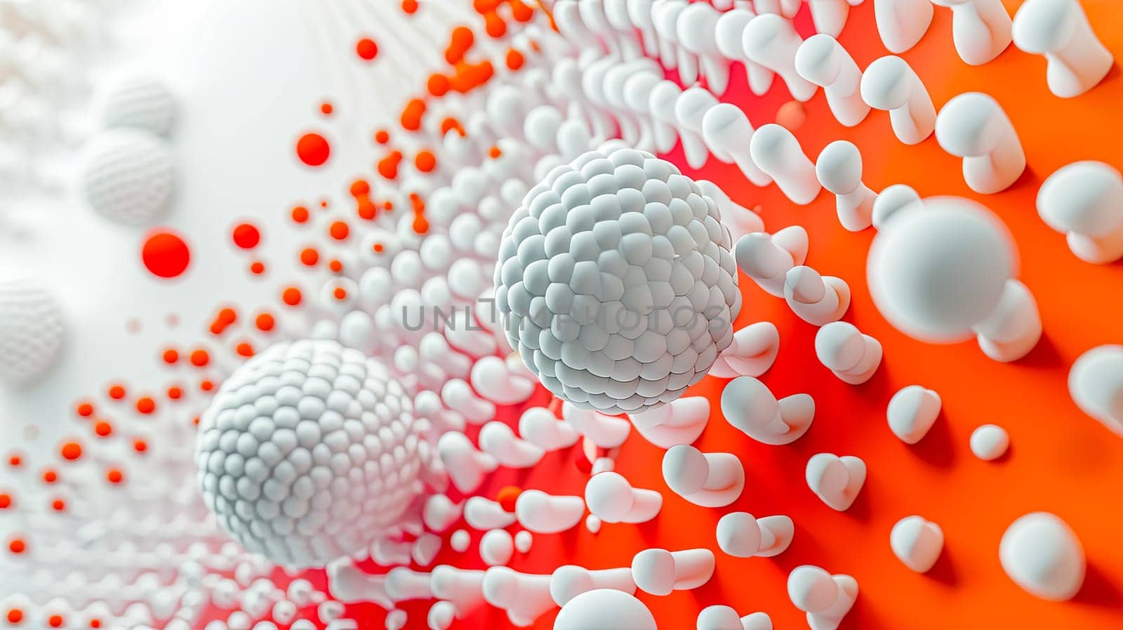 abstract 3D dot art composition. A sea of spherical objects of varying sizes floats through space, creating sense of depth and movement The arrangement of the dots creates a dynamic and rhythmic flow