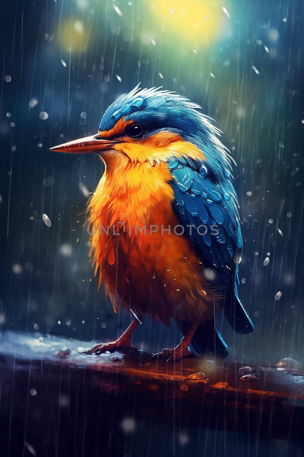 Vibrant kingfisher perched in rain, with vivid colors and water droplets visible.