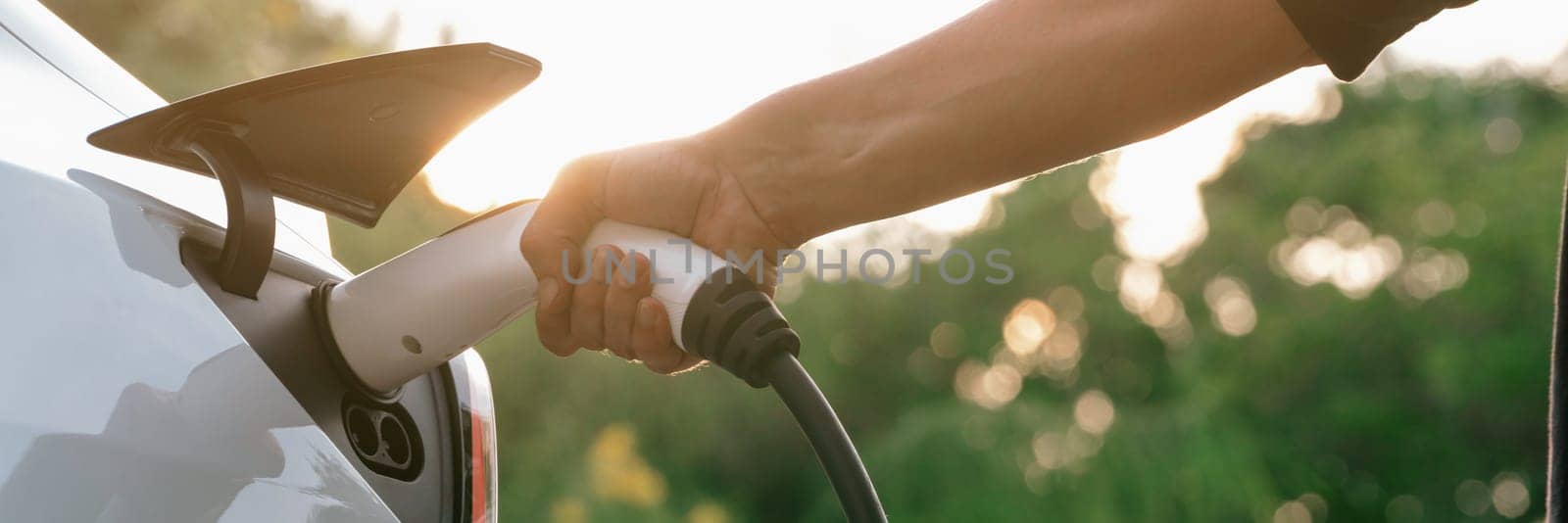 Man recharging battery for electric car during road trip. Exalt by biancoblue