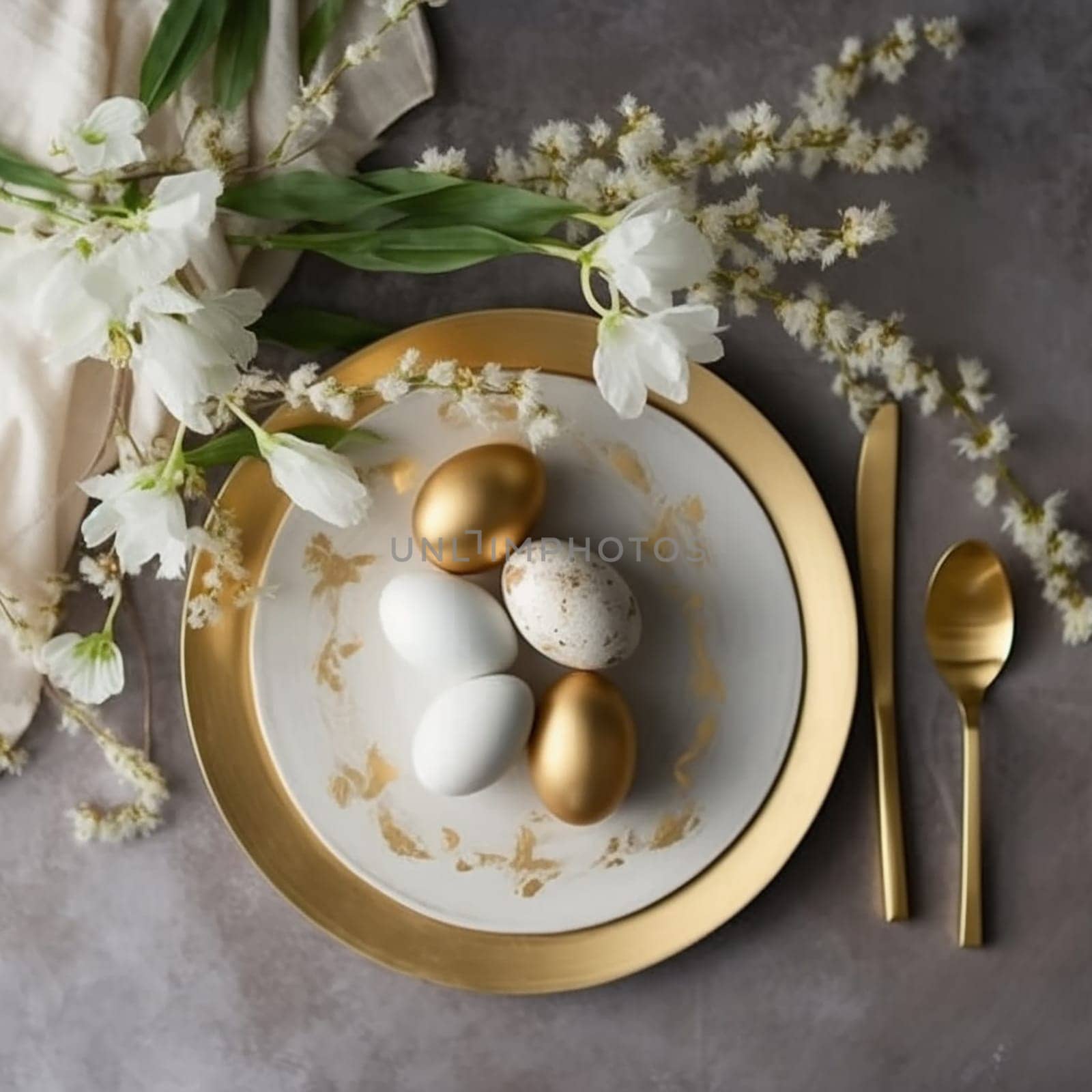 Elegant table setting with gold accents and spring flowers