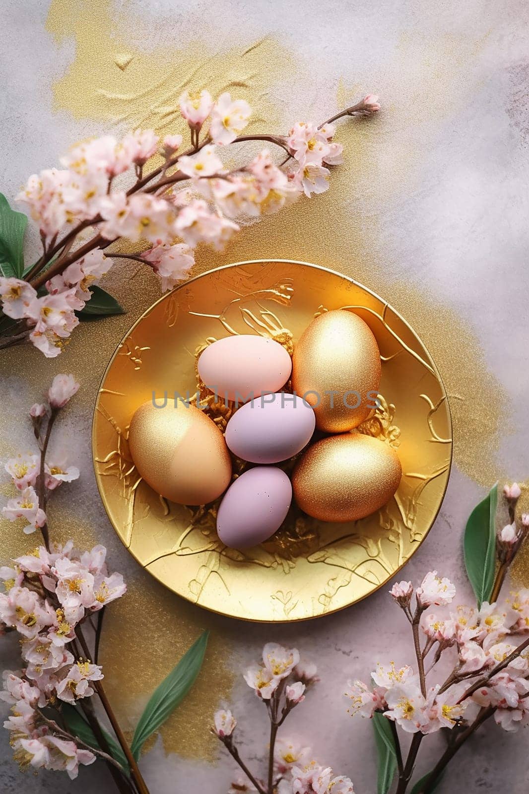 Golden and pastel eggs on a gold plate with spring blossoms.