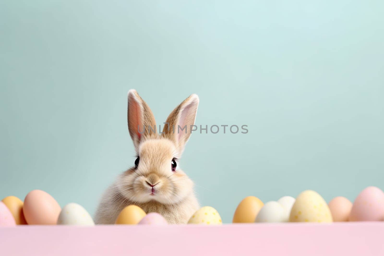 A cute bunny surrounded by Easter eggs on a pastel background.