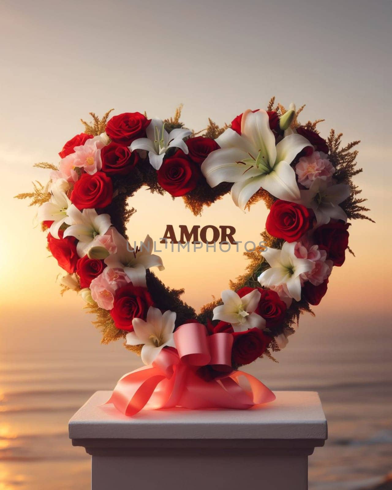 heart shaped crown of flowers with lettering sign amor love in spanish sea sunset background generative ai art