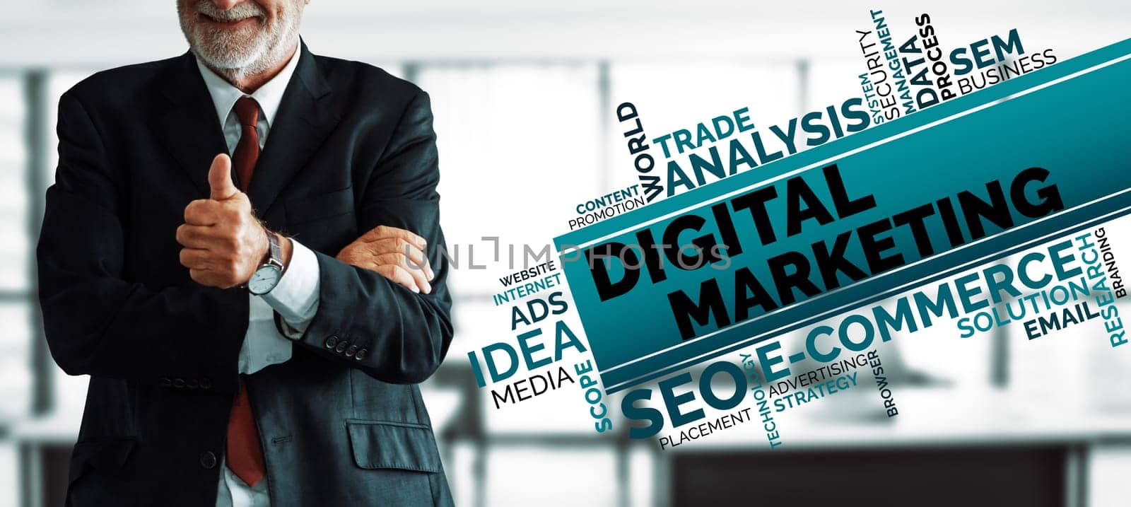 Digital Marketing Technology Solution for Online Business Concept - Graphic interface showing analytic diagram of online market promotion strategy on digital advertising platform via social media. uds