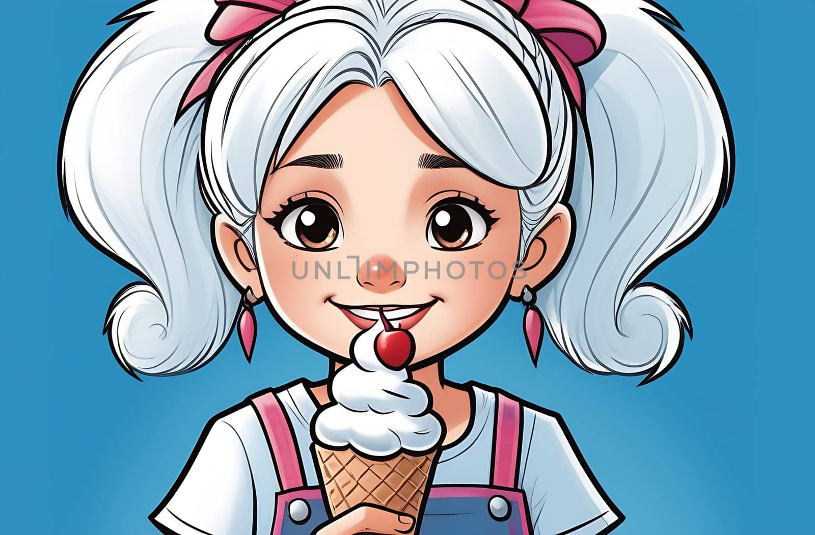 Cute cartoon little girl eating an ice cream cone, on a blue background, close-up.