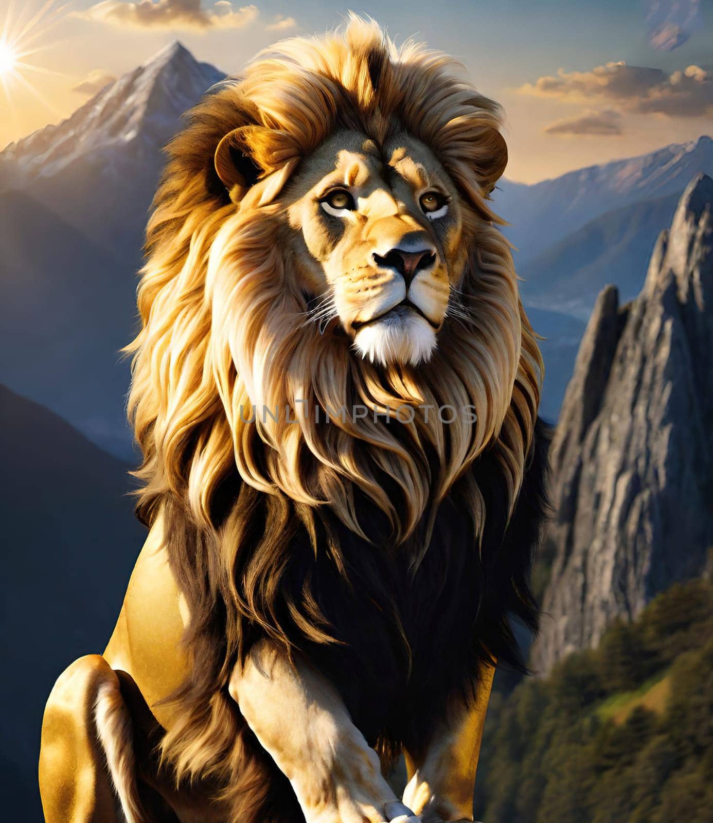 Lion on the top of the mountain at sunset. 3D rendering. Lion on the background of mountains at sunset. Conceptual image. Animal theme.Lion on the rock against the background of the mountains and the sun.