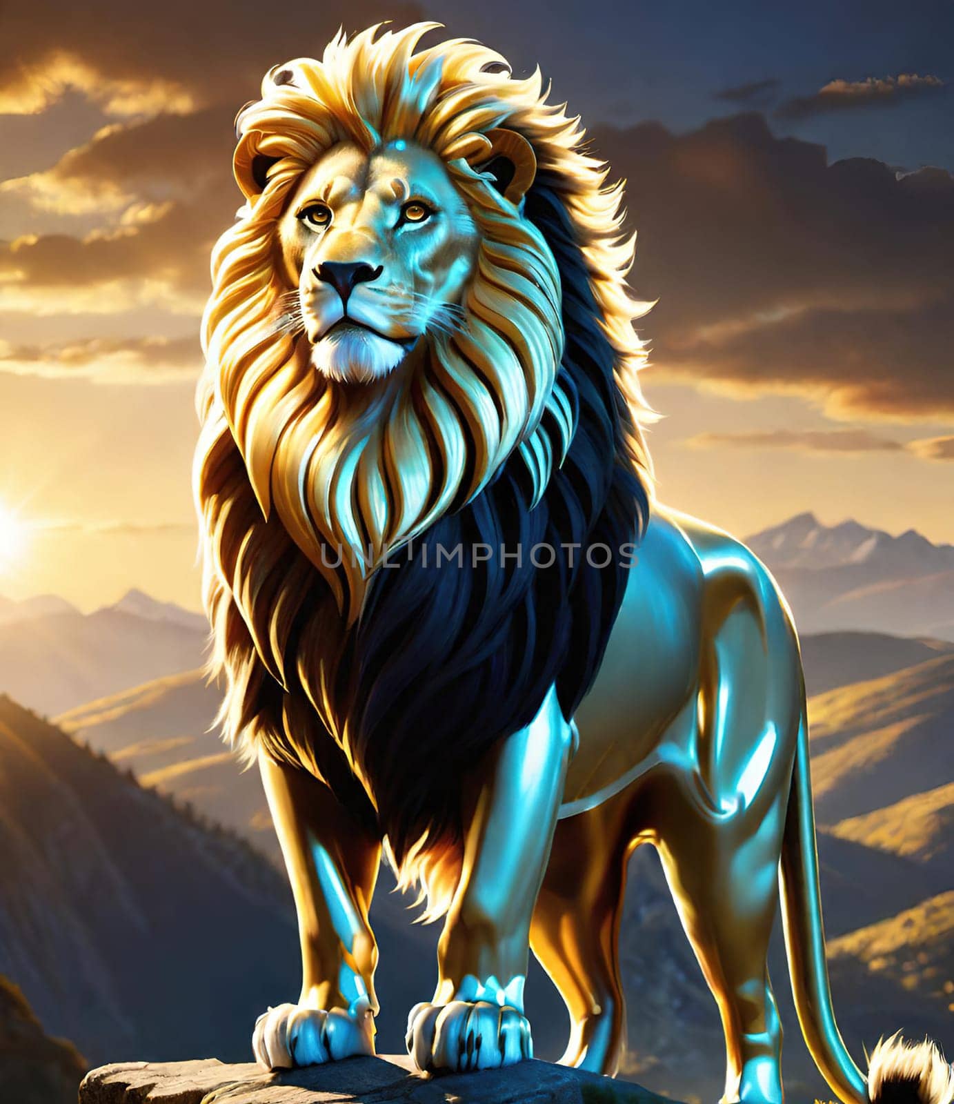 Lion on the top of the mountain at sunset. 3D rendering. Lion on the background of mountains at sunset. Conceptual image. Animal theme.Lion on the rock against the background of the mountains and the sun.