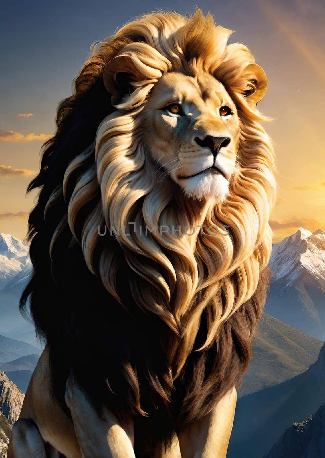 Lion on the top of the mountain at sunset. 3D rendering. Lion on the background of mountains at sunset. Conceptual image. Animal theme.Lion on the rock against the background of the mountains and the sun.