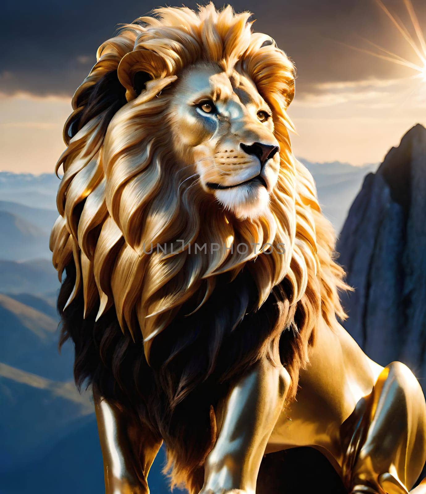 Lion on the top of the mountain at sunset. 3D rendering. Lion on the background of mountains at sunset. Conceptual image. Animal theme.Lion on the rock against the background of the mountains and the sun.