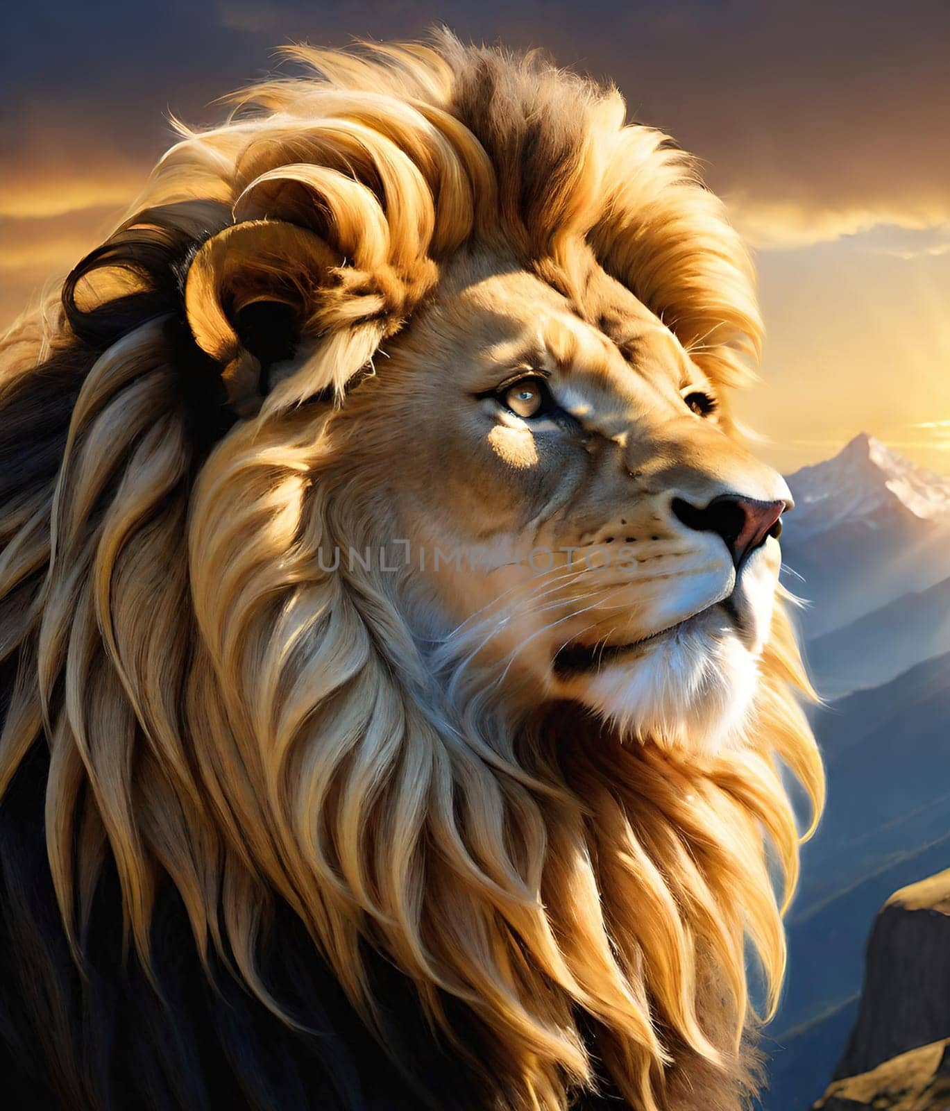 Lion on the top of the mountain at sunset. 3D rendering. Lion on the background of mountains at sunset. Conceptual image. Animal theme.Lion on the rock against the background of the mountains and the sun.