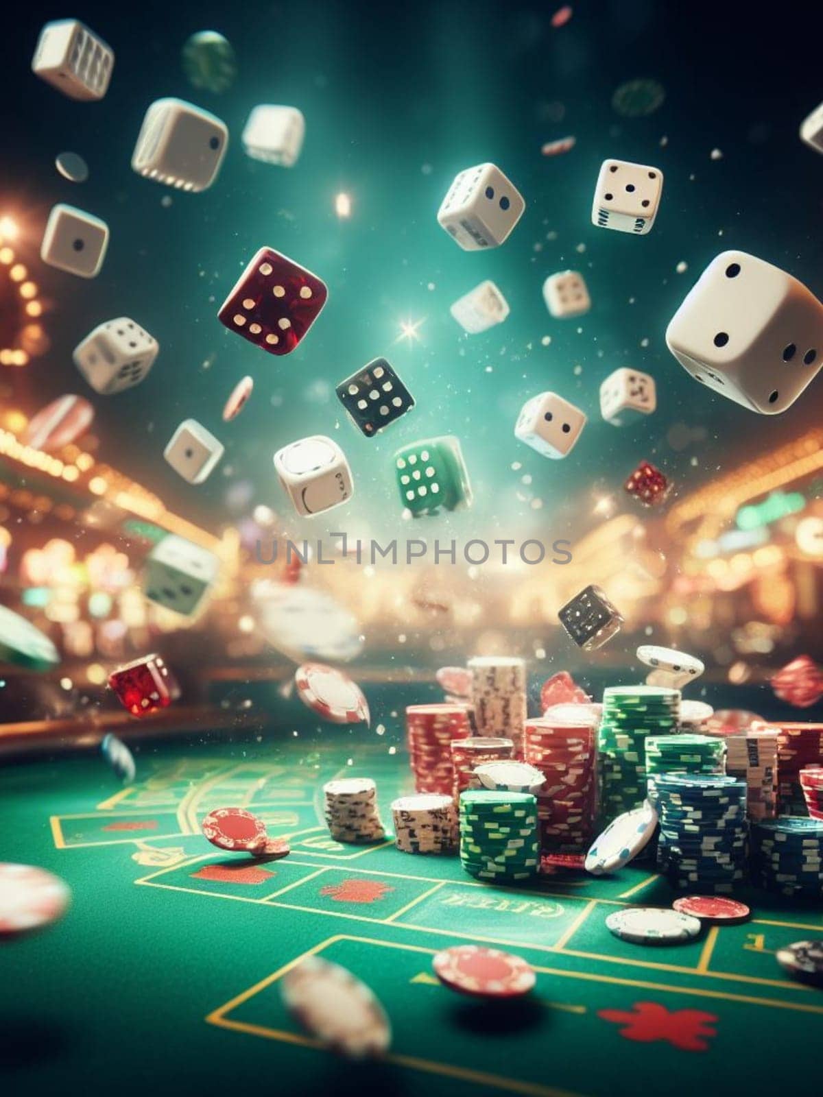 casino scene on a gaming table, freeze action fly dice, cards and chips, dark, bokeh , human hand by verbano