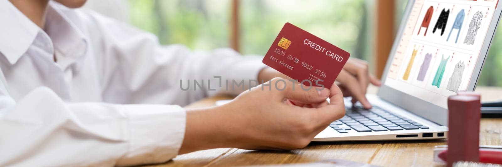 Woman shopping online on internet marketplace browsing for sale items for modern lifestyle and use credit card for online payment from wallet protected by uttermost cyber security software