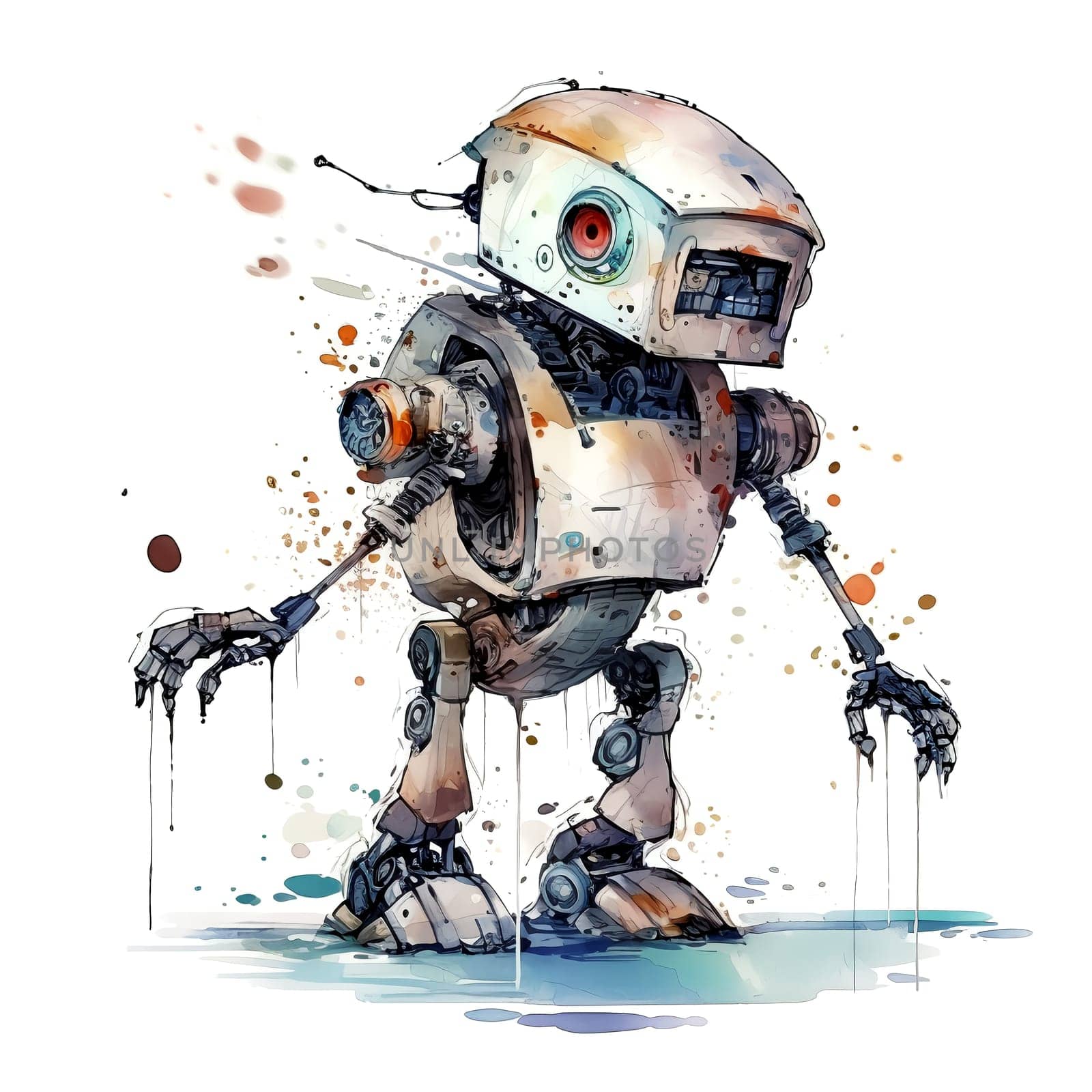 Cute Watercolor Robot. Funny cyborg. Steampunk Robot. AI generated. by AndreyKENO