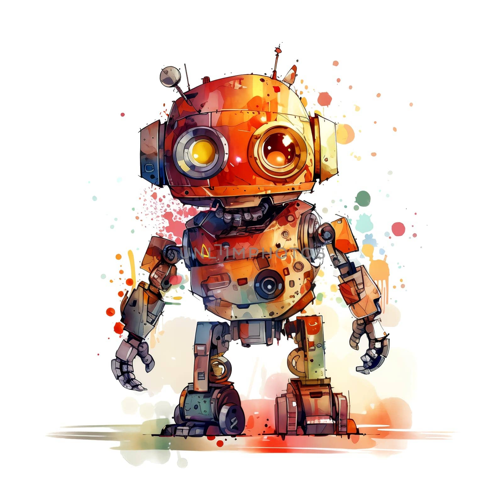 Cute Watercolor Robot. Funny cyborg. Steampunk Robot. AI generated. by AndreyKENO