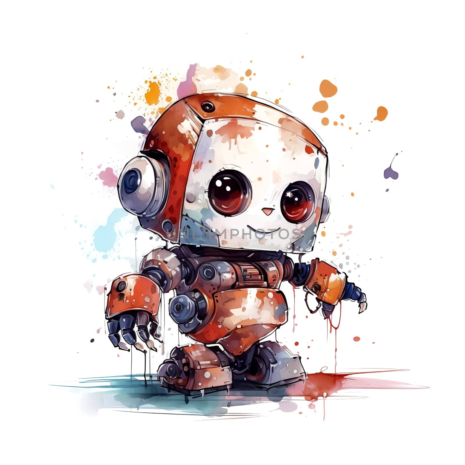 Cute Watercolor Robot. Funny cyborg. Steampunk Robot. AI generated. by AndreyKENO