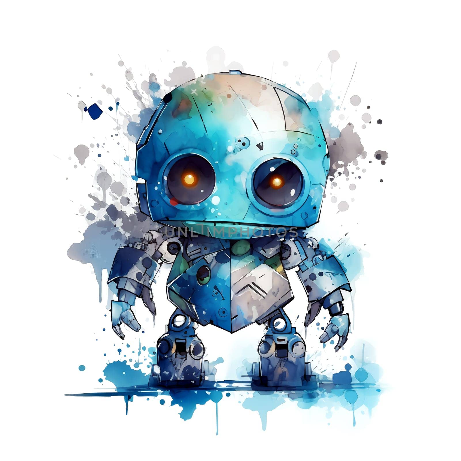 Cute Watercolor Robot. Funny cyborg. Steampunk Robot. AI generated. by AndreyKENO