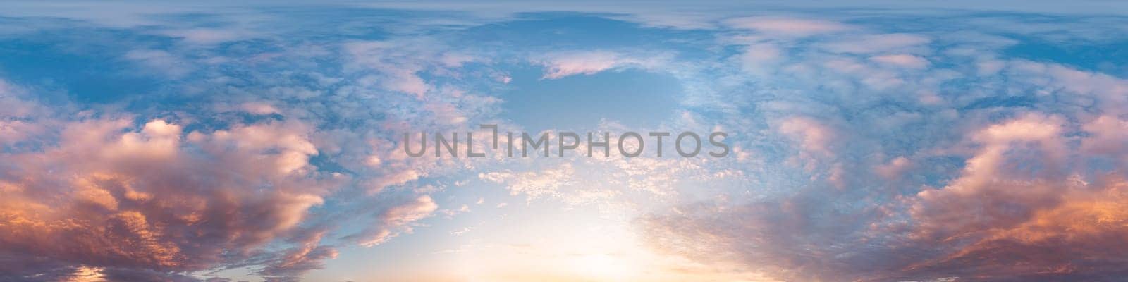 Bright sunset sky panorama with Cirrus clouds. Seamless hdr spherical equirectangular 360 panorama. Sky dome or zenith for 3D visualization, game and sky replacement for aerial drone 360 panoramas.