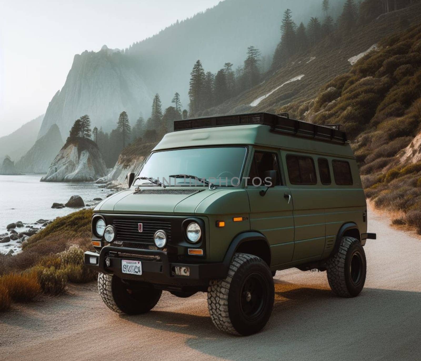 green matte 4x4 lifter vintage van conversion , nomadic lifestyle , offroad wheels, 3d render art ai generated