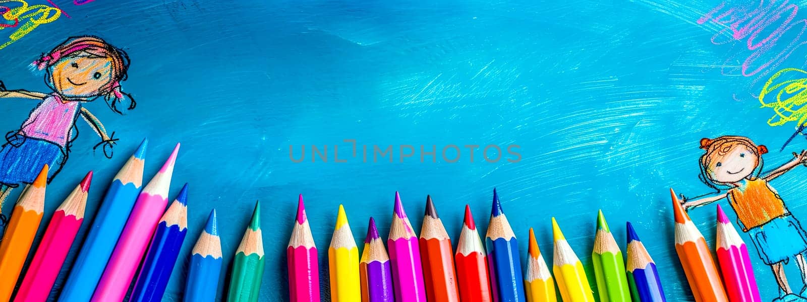 children's drawing, featuring crayon sketches of two smiling figures against a bright blue background, accompanied by a colorful array of sharpened pencils arranged in a neat row at the bottom